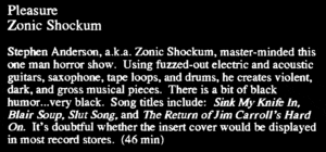 ZONIC SHOCKUM - "Pleasure" review in Missing Link Cassette Catalogue