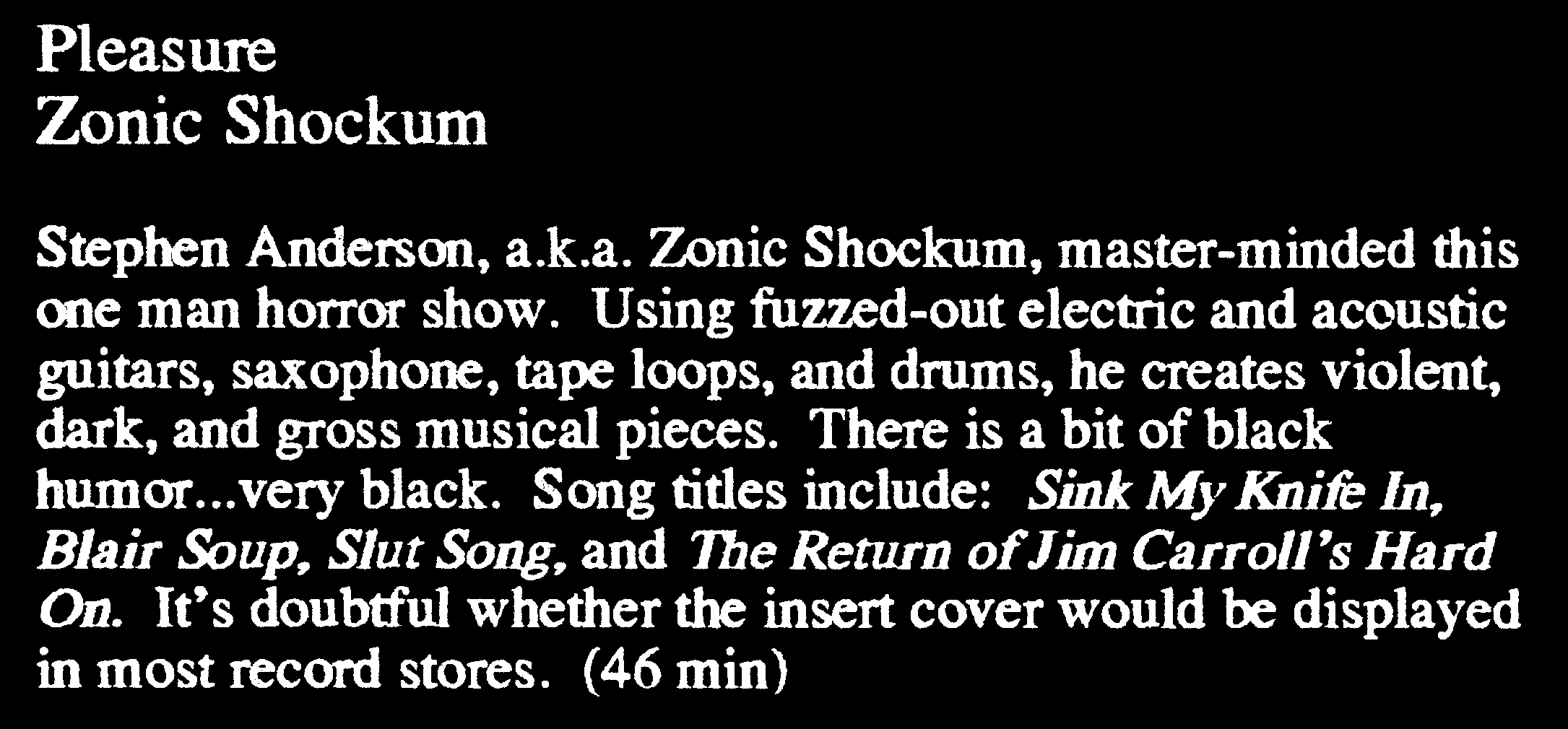 ZONIC SHOCKUM - "Pleasure" review in Missing Link Cassette Catalogue
