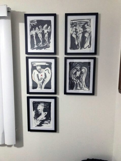 A collection of framed ink sketches by Stephen P. Anderson